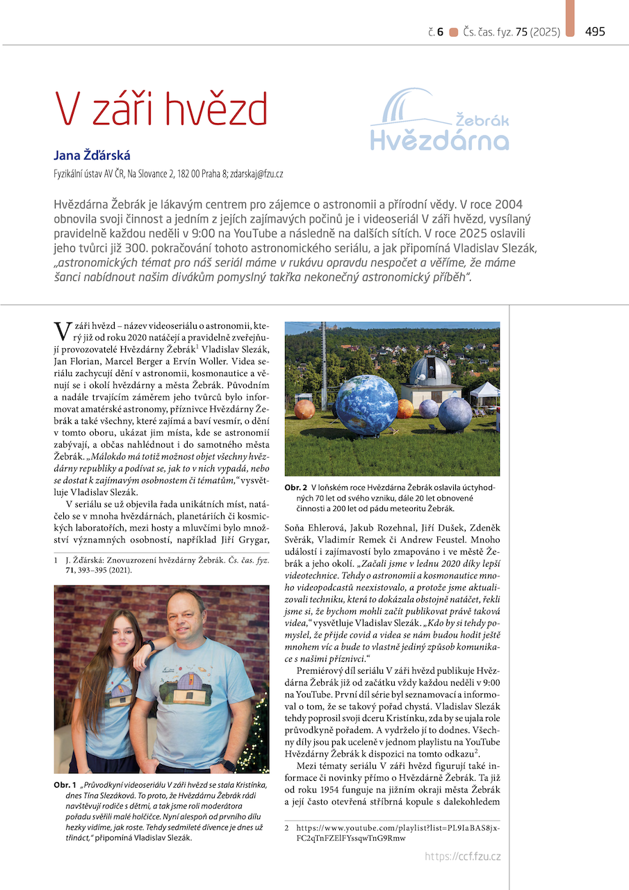 Článek o V záři hvězd, novinkách i plánech Hvězdárny Žebrák